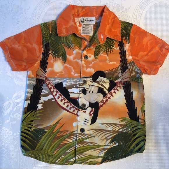 Disney Parks Boys 36M Mickey Mouse Orange Hawaiian Shirt Button-Up Short Sleeves - Picture 14 of 14